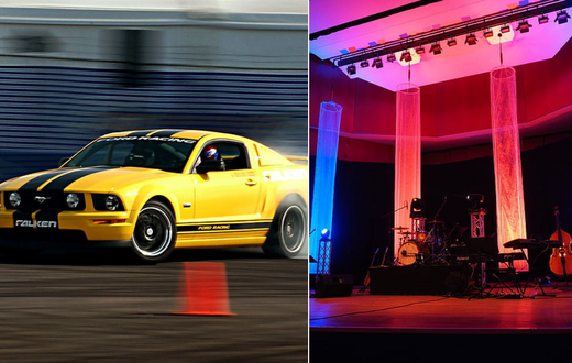 A car drifting (left) and musical instruments