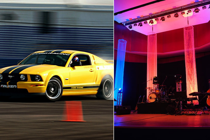 A car drifting (left) and musical instruments