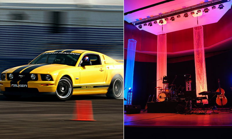A car drifting (left) and musical instruments