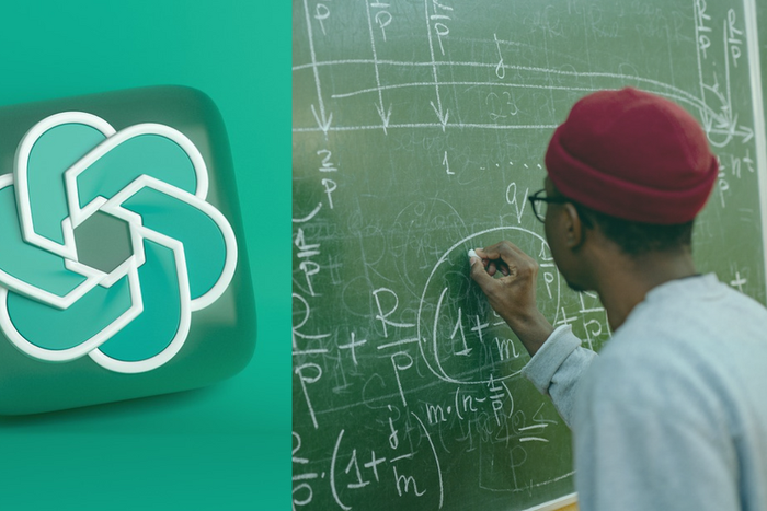 Student writing on a greenboard alongside a ChatGPT logo