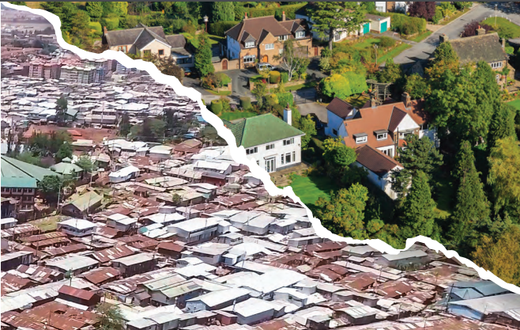 A collage of a slum and an affluent neighbourhoods