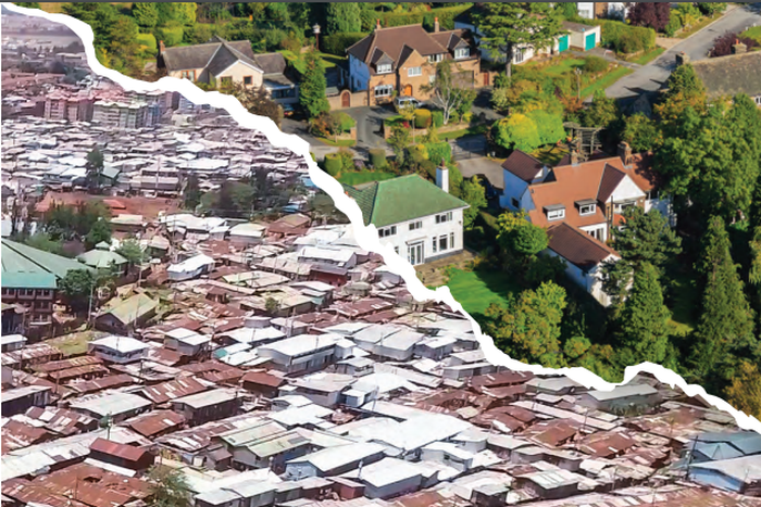 A collage of a slum and an affluent neighbourhoods