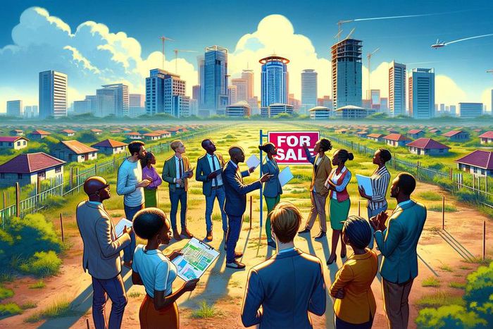 An AI generated image of a group of investors scouting for land