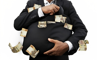 Stock image of a businessman holding black bag full of Kenyan shilling notes