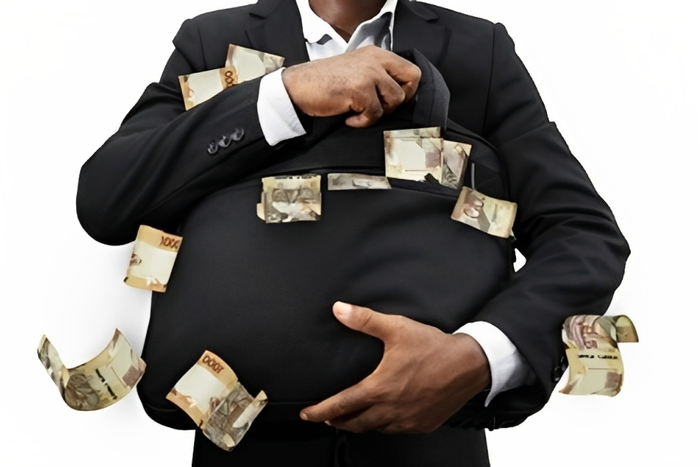 Stock image of a businessman holding black bag full of Kenyan shilling notes