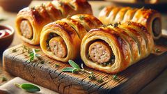 An AI-generated image of perfectly flaky, juicy, homemade sausage rolls