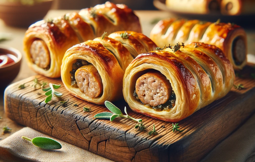 An AI-generated image of perfectly flaky, juicy, homemade sausage rolls