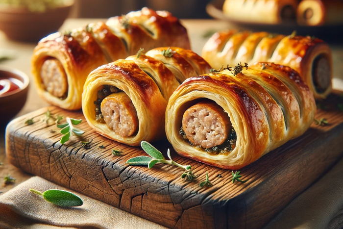 An AI-generated image of perfectly flaky, juicy, homemade sausage rolls