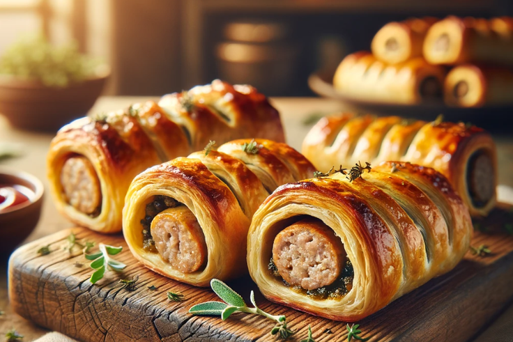 An AI-generated image of perfectly flaky, juicy, homemade sausage rolls