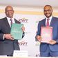 KWFT MD Kariuki Kitabu with AGF Group CEO Jules Ngankam after signing a risk-sharing partnership agreement in Nairobi on May 6, 2024