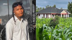 Timmy Tdat [left] and the new house that he has built for his mother.