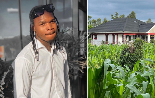Timmy Tdat [left] and the new house that he has built for his mother.