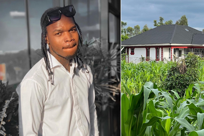 Timmy Tdat [left] and the new house that he has built for his mother.
