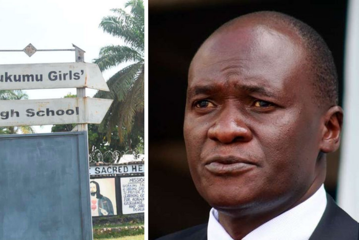 A collage of Mukumu Girls High School sign post and Ministry of Health Director General Ptrick Amoth