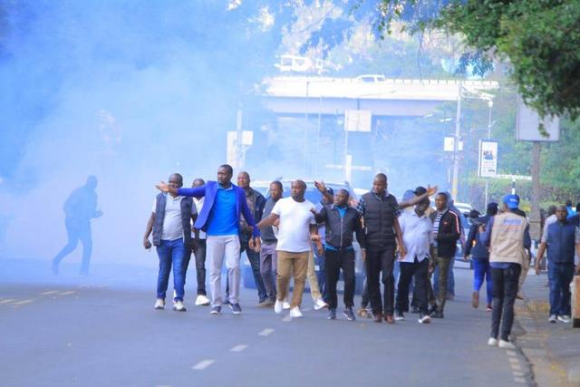 Nairobi Senator Edwin Sifuna (In blue T-Shirt) and other demonstrators in Nairobi.