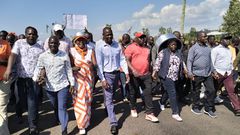 Rangwe ODM chairperson Caroline Owidhi and MP Lilian Gogo (both in sufuria) during anti-government demos on Olare-God Bondo in Kochia ward on July12,2023
