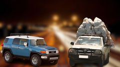 A collage of a Toyota FJ cruiser and a Toyota Hilux ferrying miraa
