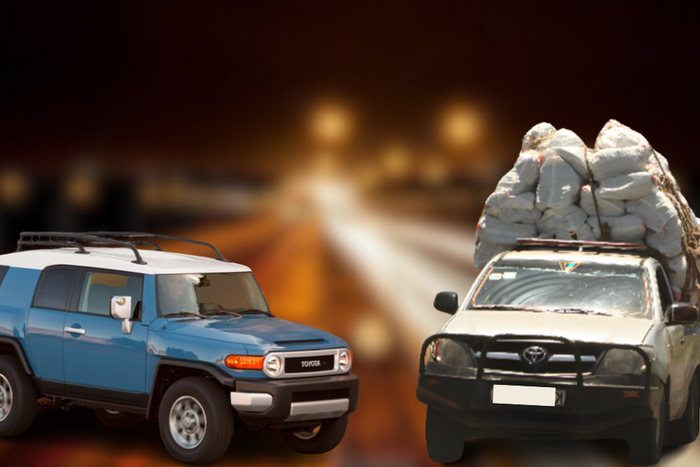 A collage of a Toyota FJ cruiser and a Toyota Hilux ferrying miraa
