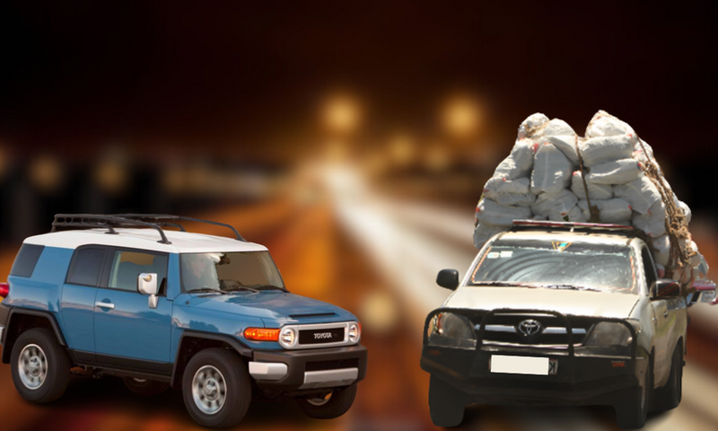 A collage of a Toyota FJ cruiser and a Toyota Hilux ferrying miraa
