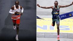 A collage of Eliud Kipchoge and Evans Chebet at the 2023 Boston Marathon on April 17, 2023