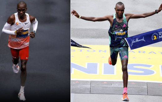 A collage of Eliud Kipchoge and Evans Chebet at the 2023 Boston Marathon on April 17, 2023