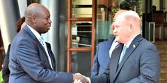 Deputy President Rigathi Gachagua receives Delaware Senator Christopher Andrew Coons at Harambee Annex in Nairobi on March 29, 2023