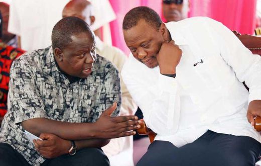 File image of President Uhuru Kenyatta and Interior Cabinet Secretary Fred Matiang’i at a past meeting in Mombasa
