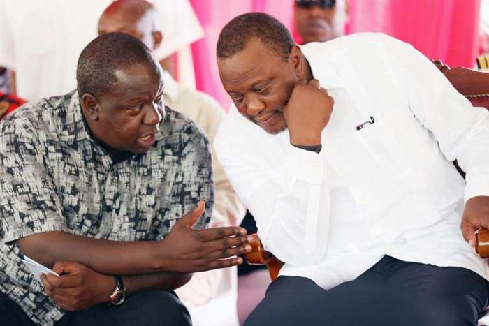 File image of President Uhuru Kenyatta and Interior Cabinet Secretary Fred Matiang’i at a past meeting in Mombasa