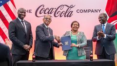 President William Ruto, Trade and Industry CS Rebecca Miano celebrating a deal with Coca Cola company in Atlanta, Georgia at the company headquarters.