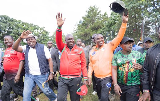 Former Deputy President Rigathi Gachagua in Kakamega County during the 6th Edition of the Cleo Malala Supercup at Lions Stadium