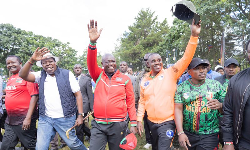 Former Deputy President Rigathi Gachagua in Kakamega County during the 6th Edition of the Cleo Malala Supercup at Lions Stadium
