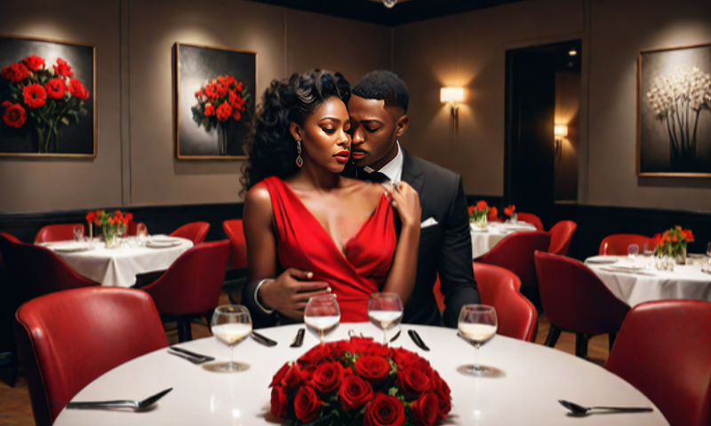 An AI-generated image of a lady and a man in a restaurant (HotPot.ai)