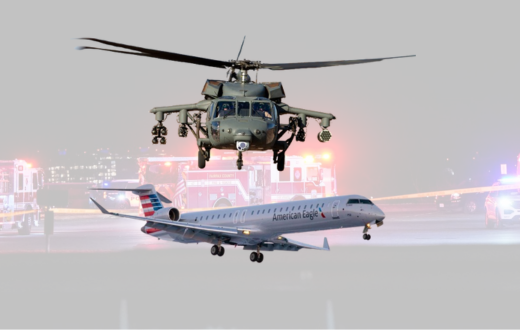 A collage of a Black Hawk Chopper and a passenger jet