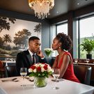 An AI-generated image of a lady and a man in a restaurant (HotPot.ai)