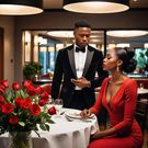 An AI-generated image of a lady and a man in a restaurant (HotPot.ai)