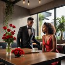 An AI-generated image of a lady and a man in a restaurant (HotPot.ai)