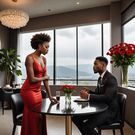 An AI-generated image of a lady and a man in a restaurant (HotPot.ai)