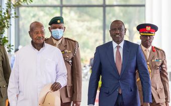 President William Ruto and his Ugandan counterpart Yoweri Museveni at State House, Nairobi on July 30, 2025