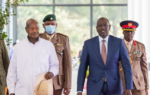 President William Ruto and his Ugandan counterpart Yoweri Museveni at State House, Nairobi on July 30, 2025