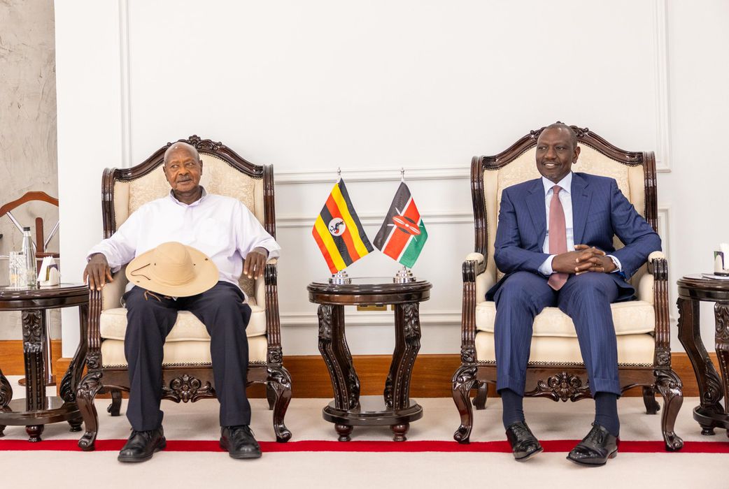 President William Ruto and his Ugandan counterpart Yoweri Museveni at State House, Nairobi on July 30, 2025