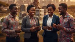 An AI-generated image of a vibrant group of young professionals collaborating and sharing ideas in a dynamic city setting.