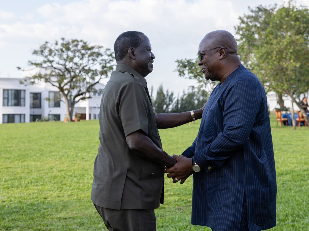 Former Prime Minister Raila Odinga with Ghana's President-Elect John Mahama in Kilgoris, Narok County on December 29, 2024