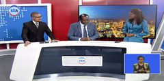 Raphael Tuju at KTN studios flanked by news anchors Jesse Rogers and Ashley Mazuri