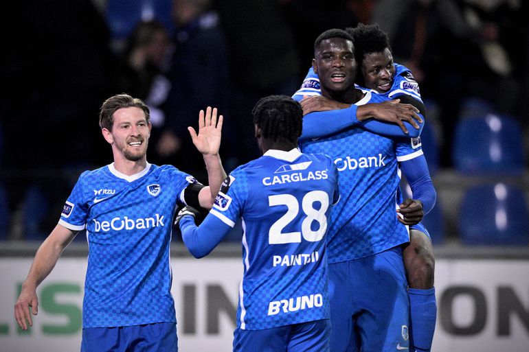Genk s Patrik Hrosovsky, Genk s Joseph Paintsil, Genk s Paul Onuachu and Genk s Aziz Ouattara celebrate after scoring during a soccer match