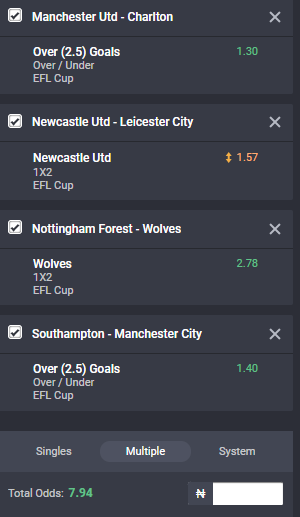 Bet9ja odds for the EFL Cup
