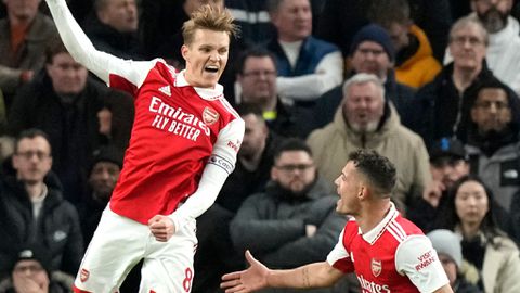 Odegaard celebrates after scoring for Arsenal against Spurs