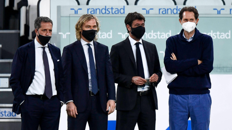 Fabio Paratici (L), Chief Football Officer of Juventus FC, Pavel Nedved (2nd from L), vice-chairman of the Juventus FC board of directors, Andrea Agnelli (2nd from R), chairman of Juventus FC, and John Elkann (R), chairman and CEO of Exor,