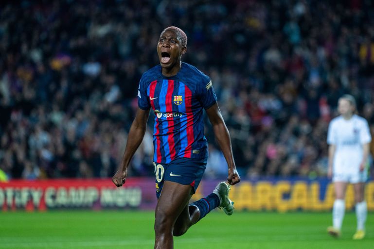 December 21, 2022, BARCELONA, BARCELONA, SPAIN: Asisat Oshoala of FC Barcelona, Barca celebrates a goal during UEFA WomenÃ¢â‚¬â ¢s Champions League, football match played between FC Barcelona and FC Rosengard at Spotify Camp Nou on November 24, 2022