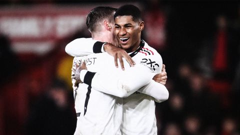 Marcus Rashford celebrates with Wout Weghorst after scoring for Manchester United