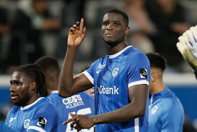 Genk s Paul Onuachu celebrates after winning a soccer match between Oud-Heverlee Leuven and KRC Genk, Saturday 15 October 2022 in Leuven, on day 12 of the 2022-2023 Jupiler Pro League first division of the Belgian championship.